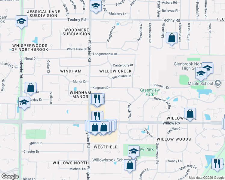 map of restaurants, bars, coffee shops, grocery stores, and more near 2700 Kingston Drive in Northbrook