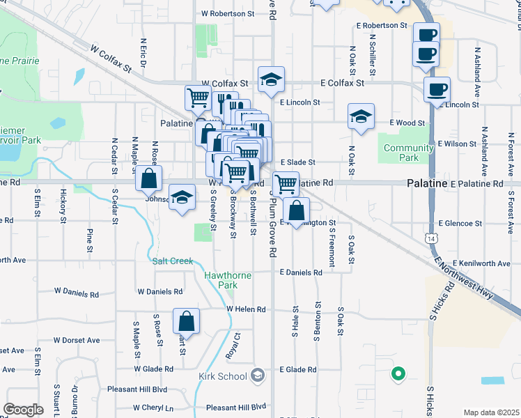map of restaurants, bars, coffee shops, grocery stores, and more near 24 South Plum Grove Road in Palatine