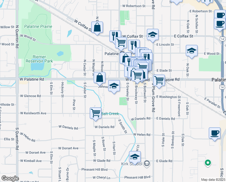 map of restaurants, bars, coffee shops, grocery stores, and more near 236 Johnson Street in Palatine
