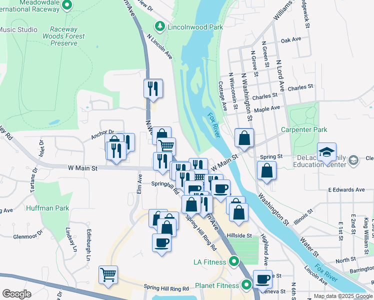 map of restaurants, bars, coffee shops, grocery stores, and more near 45 North Lincoln Avenue in Carpentersville