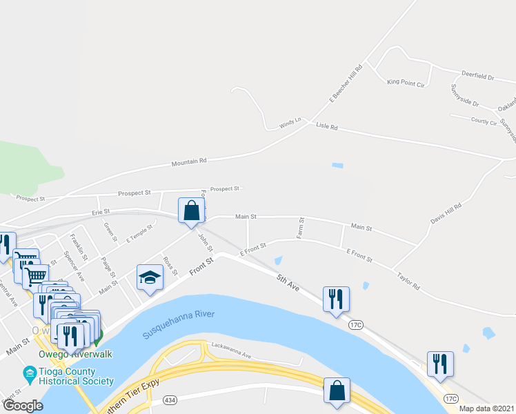 map of restaurants, bars, coffee shops, grocery stores, and more near 495 East Main Street in Owego