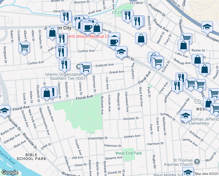 map of restaurants, bars, coffee shops, grocery stores, and more near 85 Floral Avenue in Johnson City