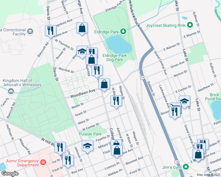 map of restaurants, bars, coffee shops, grocery stores, and more near 1303 North Main Street in Elmira