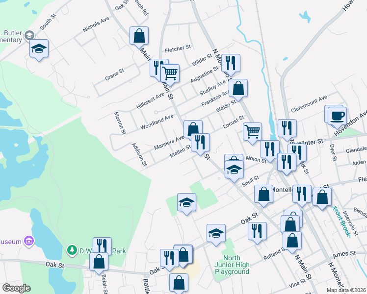 map of restaurants, bars, coffee shops, grocery stores, and more near 19 Mellen Street in Brockton
