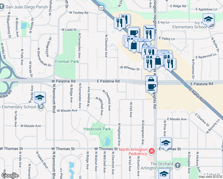 map of restaurants, bars, coffee shops, grocery stores, and more near 215 West Palatine Road in Arlington Heights
