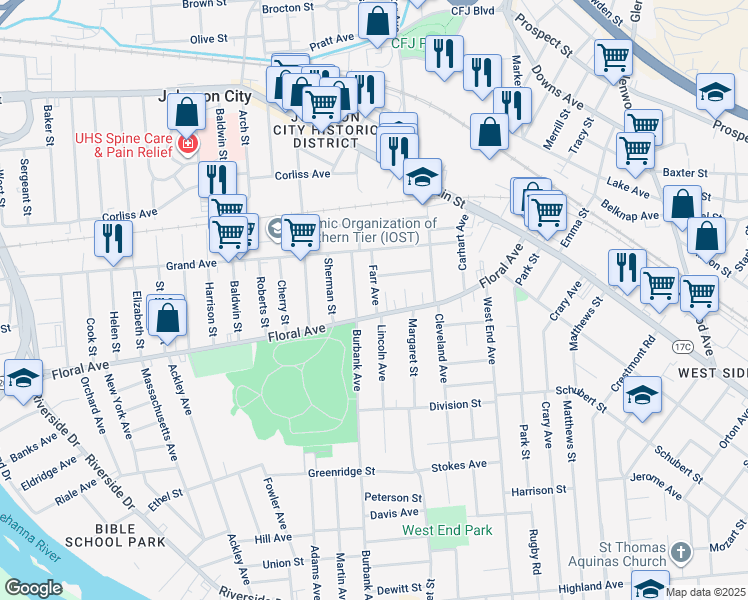 map of restaurants, bars, coffee shops, grocery stores, and more near 43 Farr Avenue in Johnson City