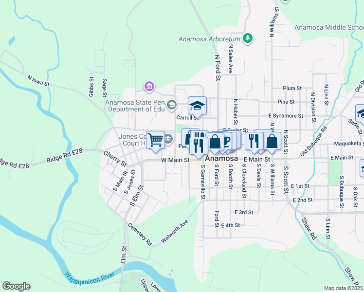 map of restaurants, bars, coffee shops, grocery stores, and more near Park Court in Anamosa