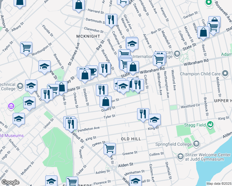map of restaurants, bars, coffee shops, grocery stores, and more near 51 Monroe Street in Springfield