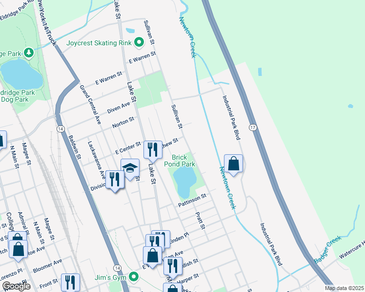 map of restaurants, bars, coffee shops, grocery stores, and more near 1149 Sullivan St in Elmira