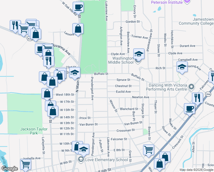 map of restaurants, bars, coffee shops, grocery stores, and more near Chestnut Street in Jamestown