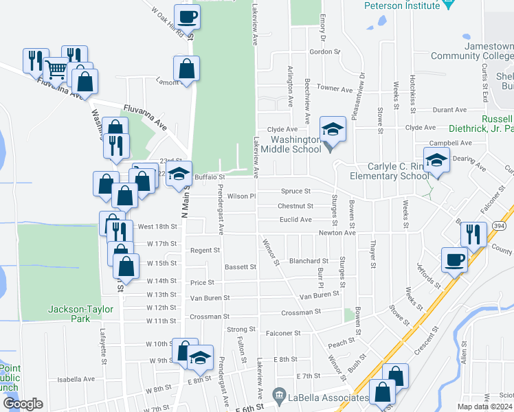 map of restaurants, bars, coffee shops, grocery stores, and more near 2 Chestnut Street in Jamestown