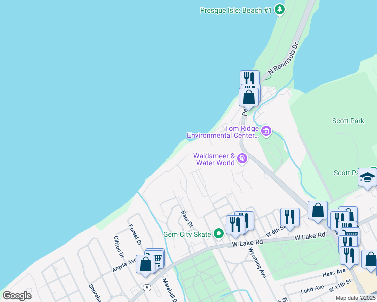 map of restaurants, bars, coffee shops, grocery stores, and more near 3147 Lake Front Drive in Erie