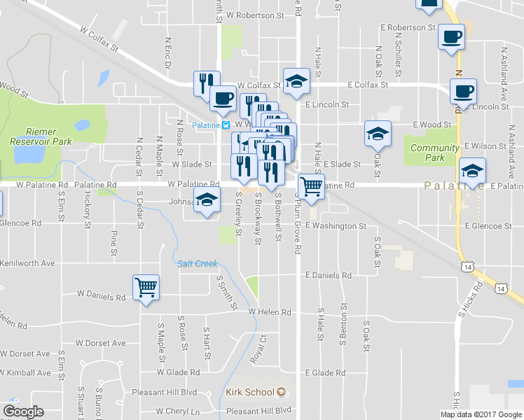 map of restaurants, bars, coffee shops, grocery stores, and more near 39 South Brockway Street in Palatine