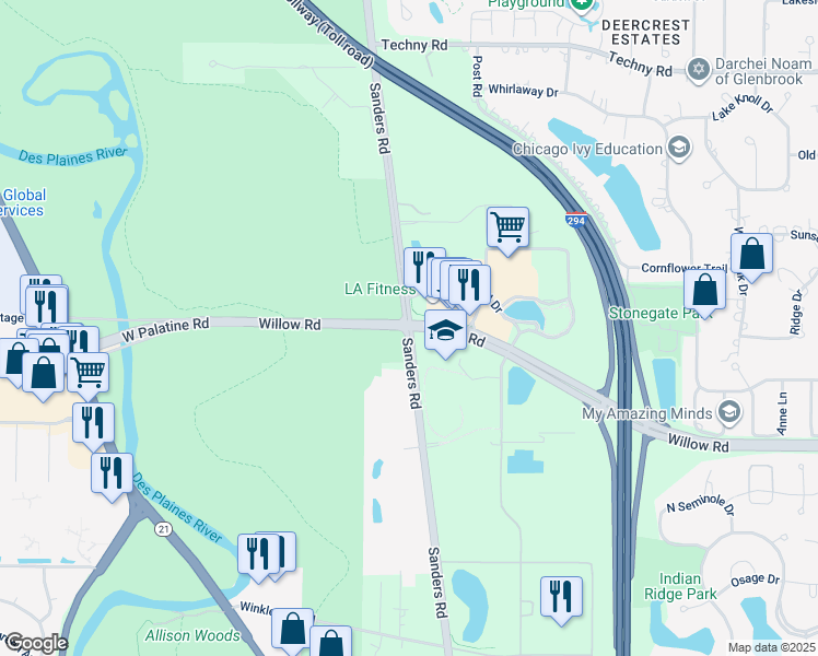 map of restaurants, bars, coffee shops, grocery stores, and more near Willow Rd & Sanders Rd in Cook