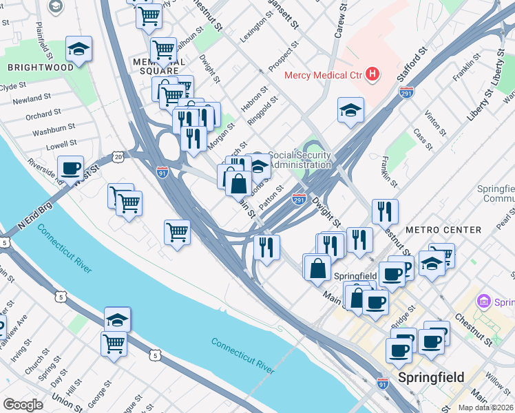 map of restaurants, bars, coffee shops, grocery stores, and more near 2141 Main Street in Springfield