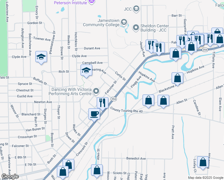 map of restaurants, bars, coffee shops, grocery stores, and more near 106 Cowing Street in Jamestown