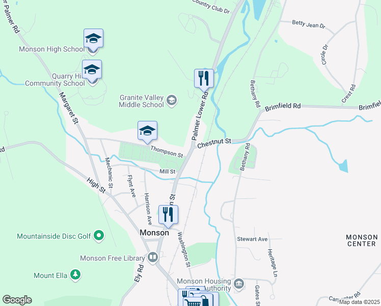 map of restaurants, bars, coffee shops, grocery stores, and more near 3 Main Street in Monson