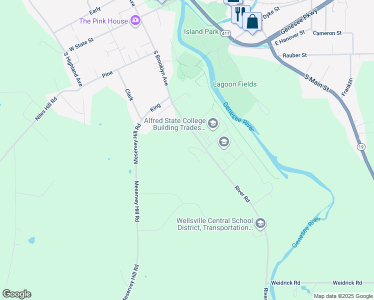 map of restaurants, bars, coffee shops, grocery stores, and more near 1 South Brooklyn Avenue in Wellsville