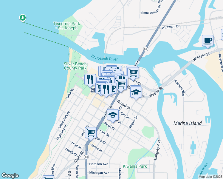 map of restaurants, bars, coffee shops, grocery stores, and more near 306 State Street in St. Joseph
