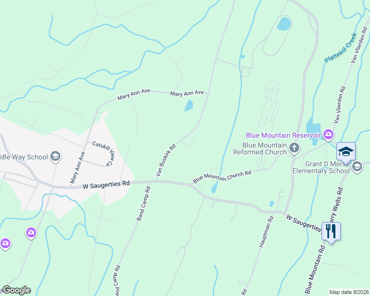 map of restaurants, bars, coffee shops, grocery stores, and more near 34 Van Buskirk Road in Saugerties