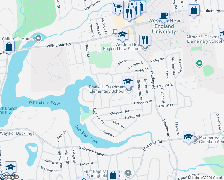 map of restaurants, bars, coffee shops, grocery stores, and more near 29 West Hill Road in Springfield