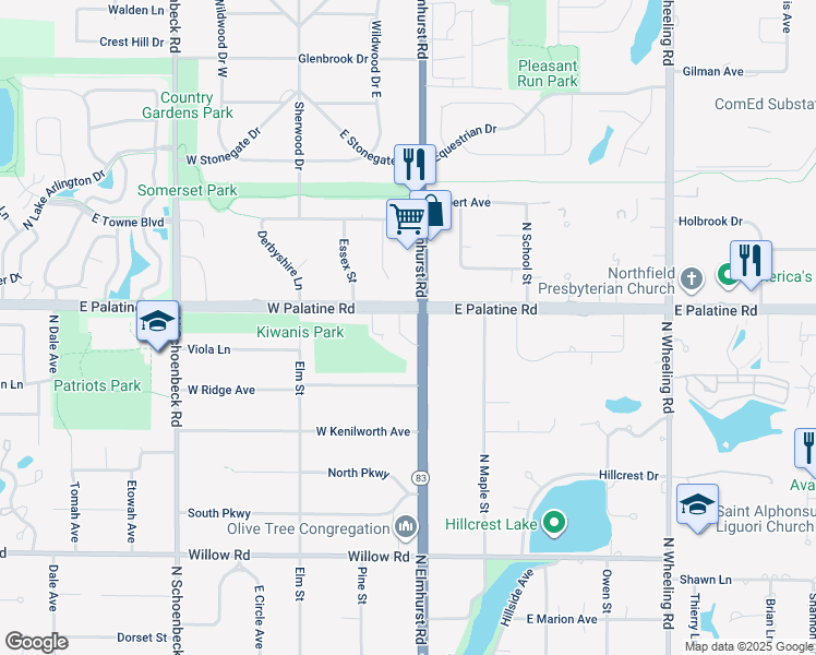 map of restaurants, bars, coffee shops, grocery stores, and more near 708 North Elmhurst Road in Prospect Heights