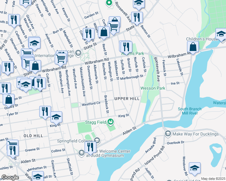 map of restaurants, bars, coffee shops, grocery stores, and more near Wellington Street in Springfield
