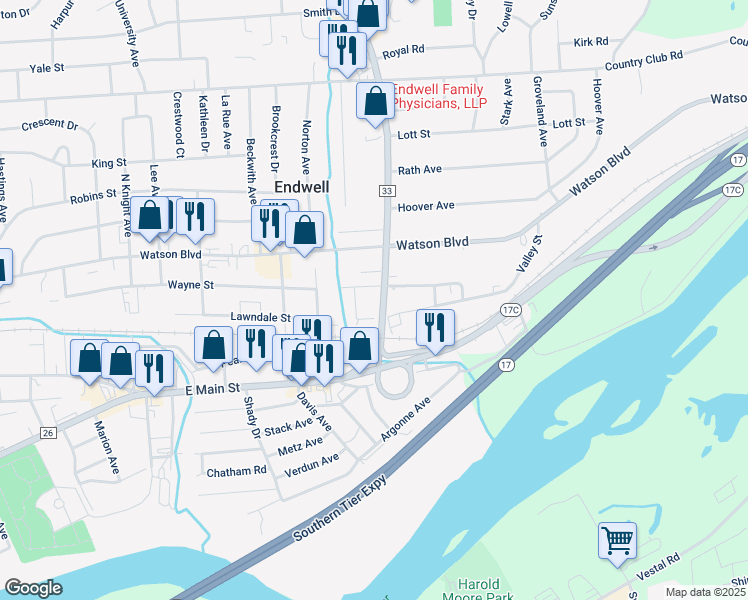 map of restaurants, bars, coffee shops, grocery stores, and more near 3514 Mary Street in Endicott