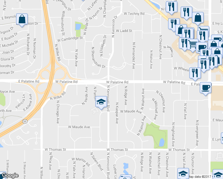 map of restaurants, bars, coffee shops, grocery stores, and more near 1833 North Kennicott Avenue in Arlington Heights