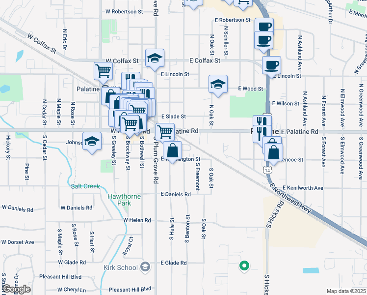 map of restaurants, bars, coffee shops, grocery stores, and more near 59 South Hale Street in Palatine
