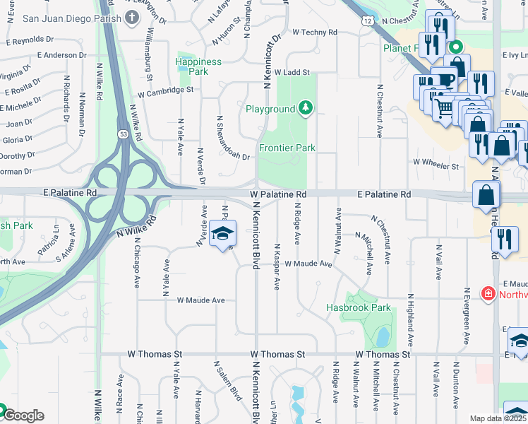 map of restaurants, bars, coffee shops, grocery stores, and more near 1833 North Kennicott Avenue in Arlington Heights