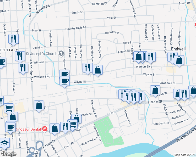 map of restaurants, bars, coffee shops, grocery stores, and more near 2601 Wayne Street in Endicott