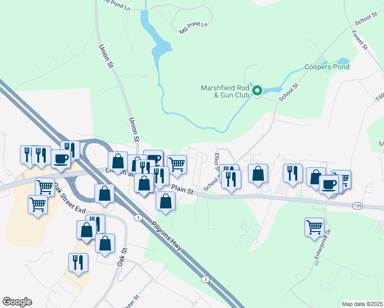 map of restaurants, bars, coffee shops, grocery stores, and more near 10 Royal Dane Drive in Marshfield