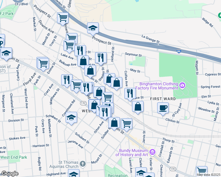 map of restaurants, bars, coffee shops, grocery stores, and more near 300 Matis Street in Binghamton