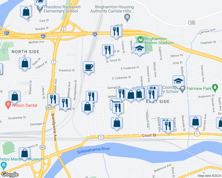 map of restaurants, bars, coffee shops, grocery stores, and more near 32 George Street in Binghamton