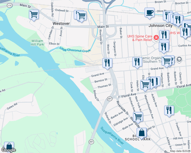 map of restaurants, bars, coffee shops, grocery stores, and more near 478 Grand Avenue in Johnson City