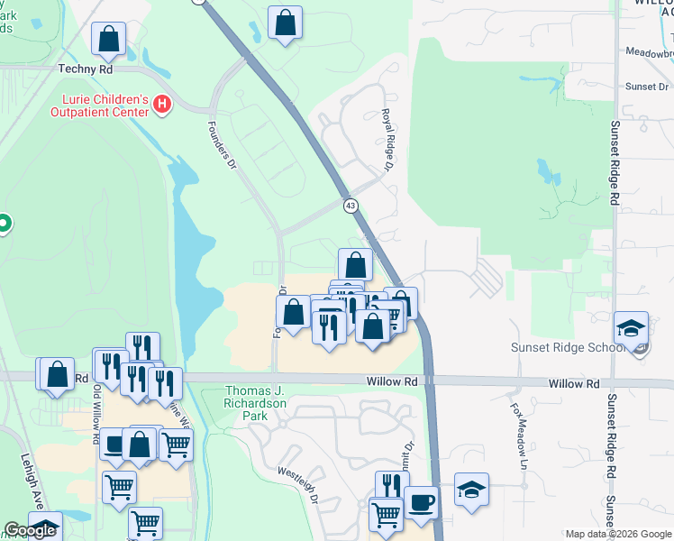 map of restaurants, bars, coffee shops, grocery stores, and more near 954 Kensington Drive in Northbrook