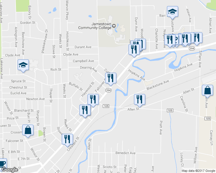 map of restaurants, bars, coffee shops, grocery stores, and more near 408 Falconer Street in Jamestown