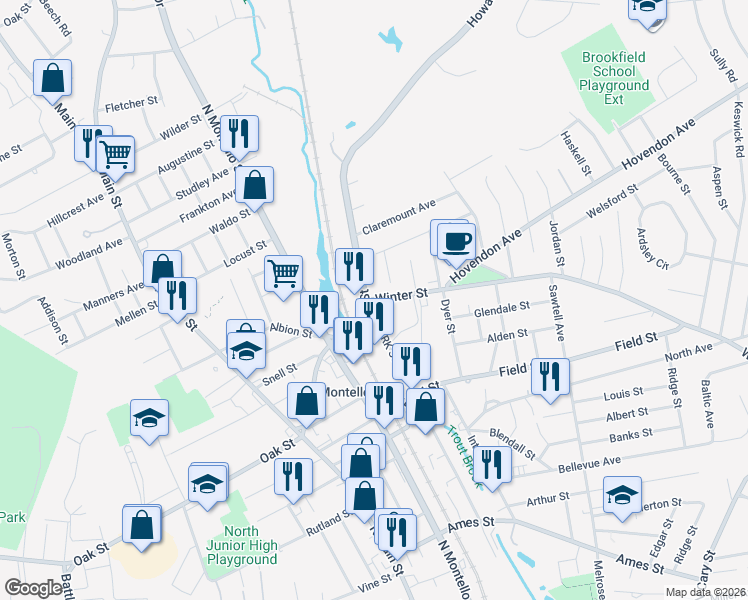map of restaurants, bars, coffee shops, grocery stores, and more near 5 Winter Street in Brockton