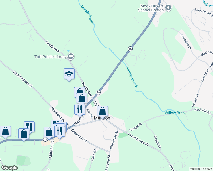 map of restaurants, bars, coffee shops, grocery stores, and more near 11 Milford Street in Mendon
