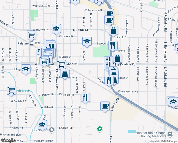 map of restaurants, bars, coffee shops, grocery stores, and more near 201 East Parallel Street in Palatine