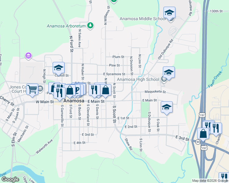 map of restaurants, bars, coffee shops, grocery stores, and more near 200 North Scott Street in Anamosa
