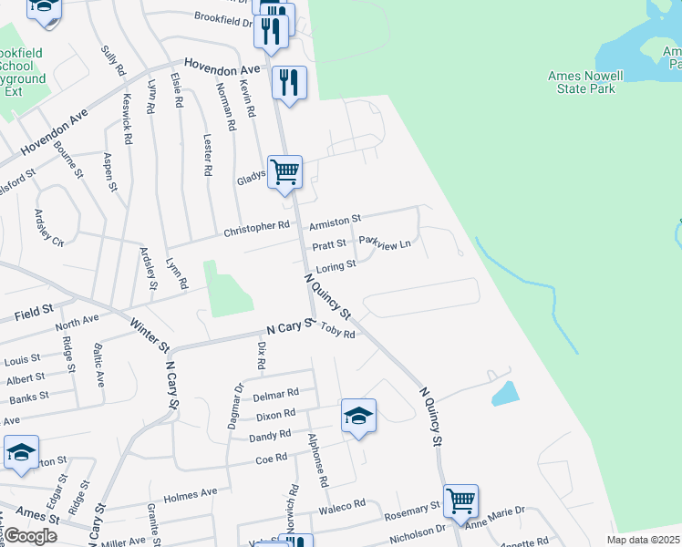map of restaurants, bars, coffee shops, grocery stores, and more near 33 Loring Street in Brockton