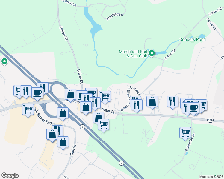 map of restaurants, bars, coffee shops, grocery stores, and more near 1020 Plain Street in Marshfield