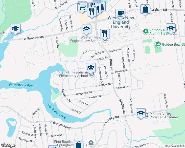 map of restaurants, bars, coffee shops, grocery stores, and more near 90 Cherokee Dr in Springfield