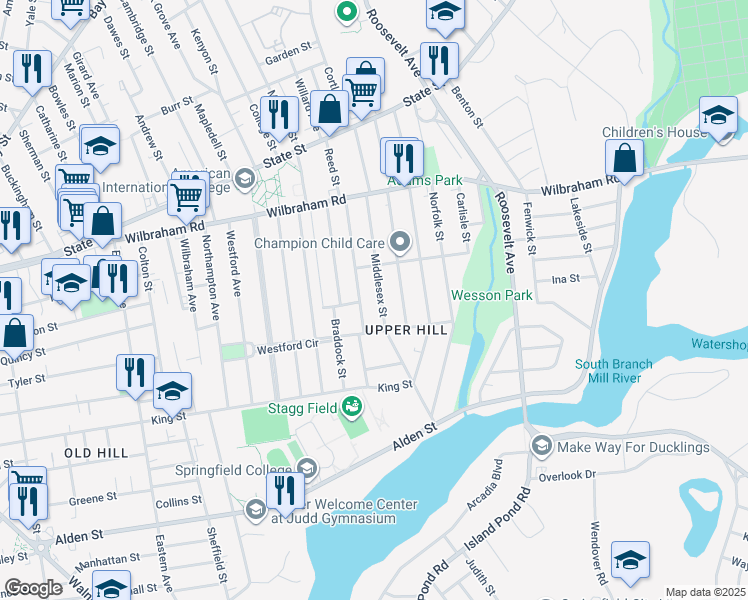 map of restaurants, bars, coffee shops, grocery stores, and more near 107-109 Wellington Street in Springfield