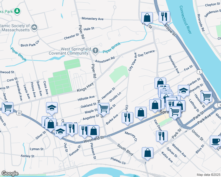 map of restaurants, bars, coffee shops, grocery stores, and more near 83 Herrman Street in West Springfield