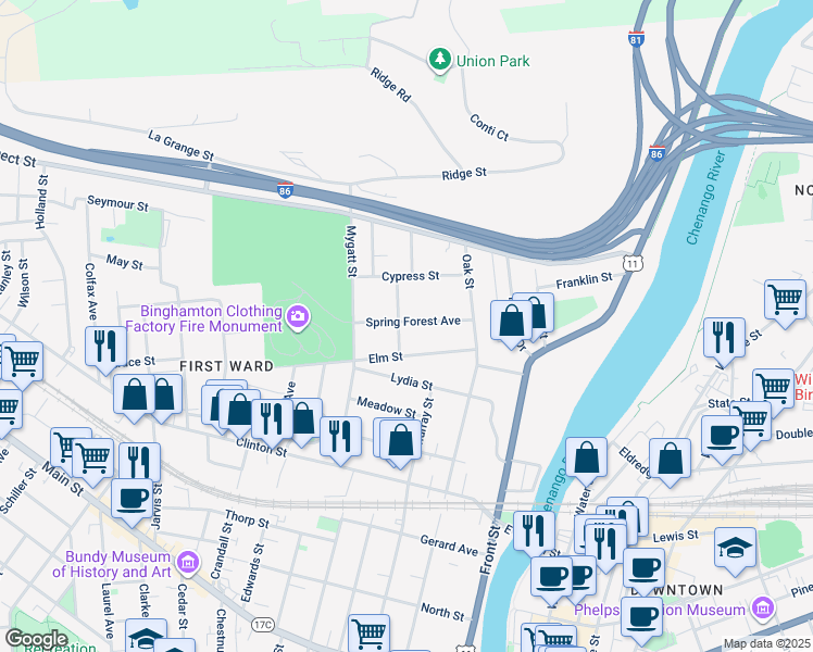 map of restaurants, bars, coffee shops, grocery stores, and more near 26 Spring Forest Avenue in Binghamton