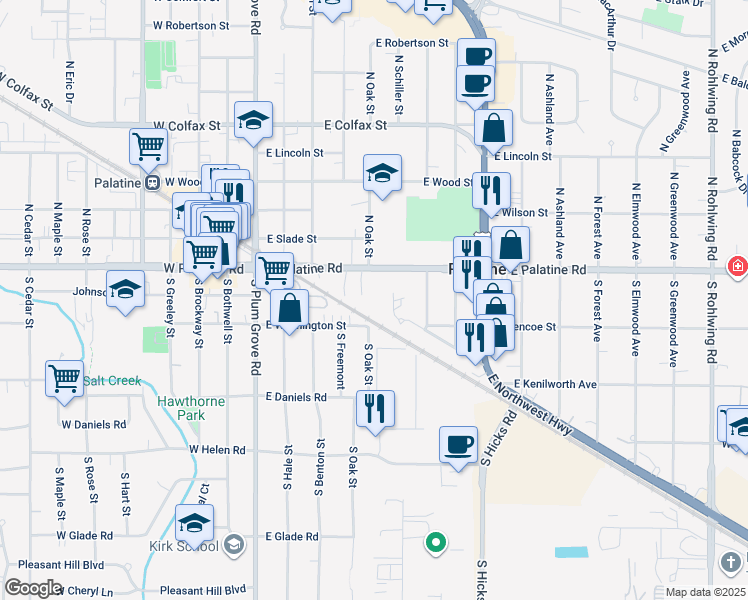 map of restaurants, bars, coffee shops, grocery stores, and more near 201 East Parallel Street in Palatine