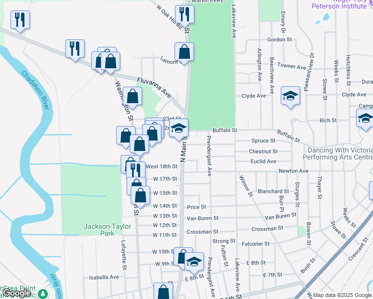 map of restaurants, bars, coffee shops, grocery stores, and more near 13 Wilson Place in Jamestown